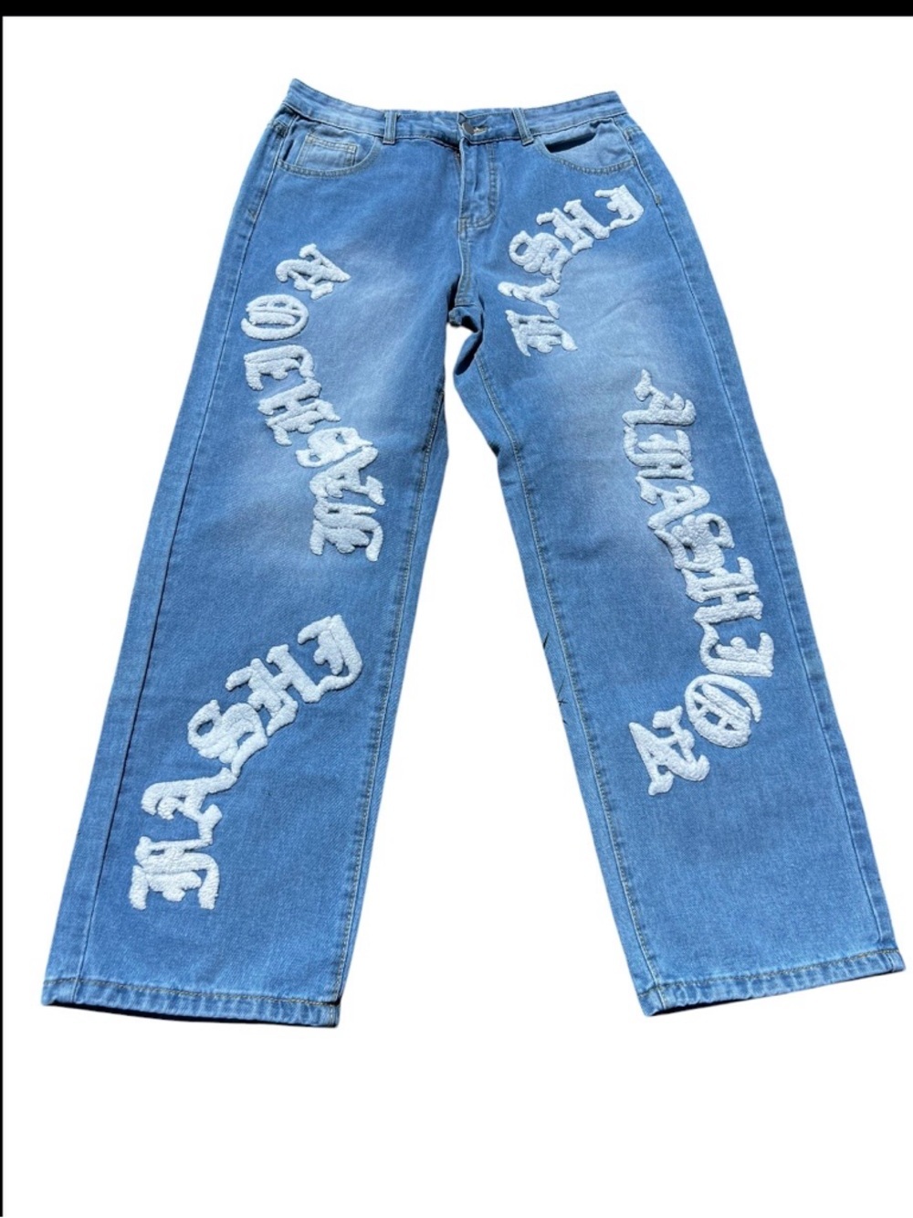 Men's Straight-Leg Blue Denim Jeans with White Graphic Script - Picture 2 of 15